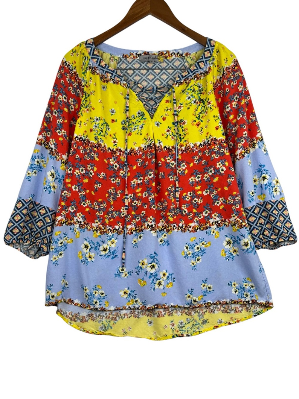 Anthropologie Figueroa & Flower Floral Print  Patchwork Look Boho Blouse XL